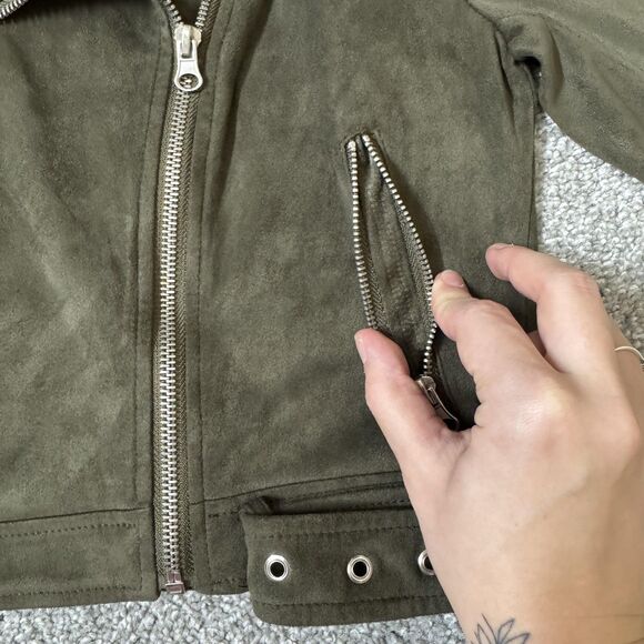 American Rag Cie Jacket Womens Medium Green Faux Suede Moto Belted Biker Cropped - Picture 6 of 14